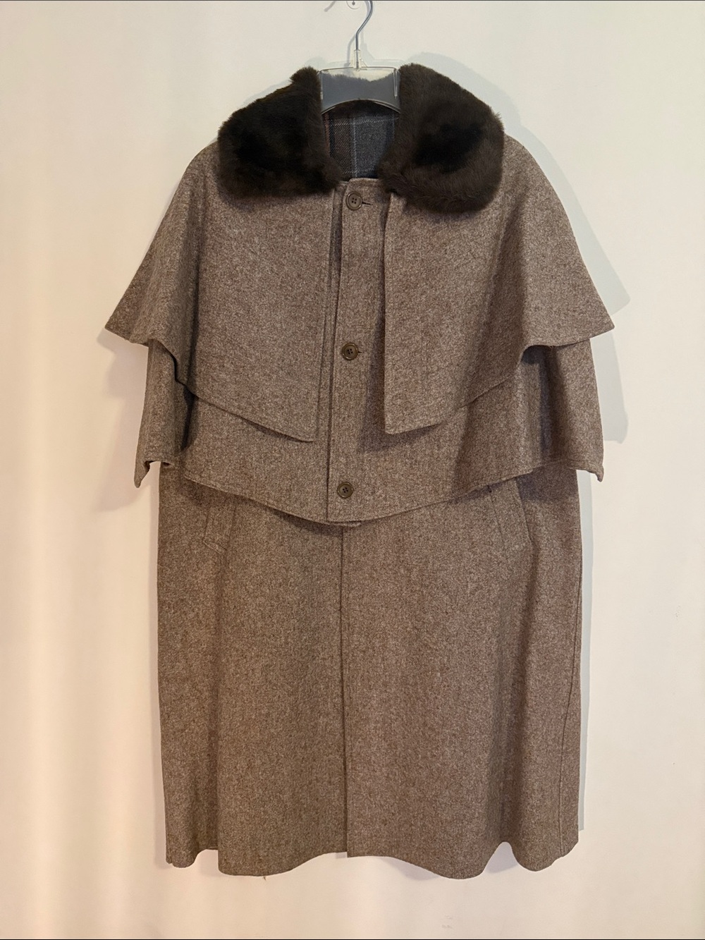 Made in Portugal Wool Single breasted cape coat and fur collar